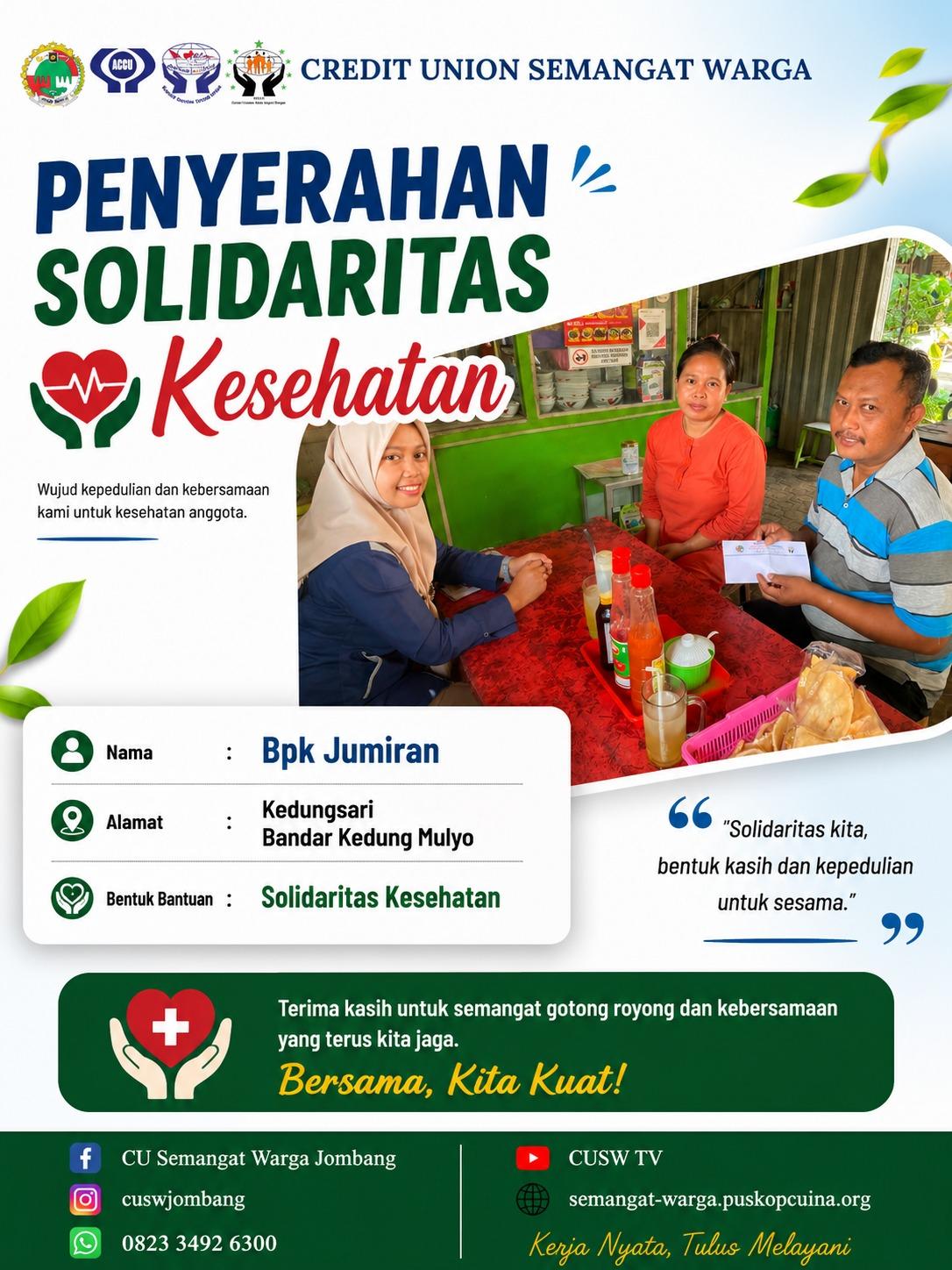PENYERAHAN SOLIDARITAS KESEHATAN Bpk Jumiran, Bandar Kedung Mulyo