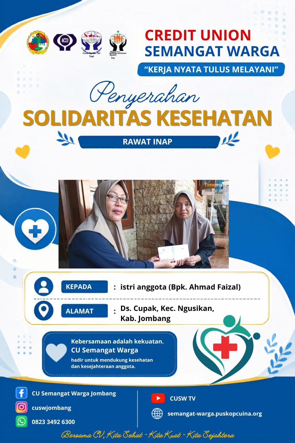Penyerahan Solidaritas Kesehatan Rawat Inap kepada Keluarga Anggota CU Semangat Warga