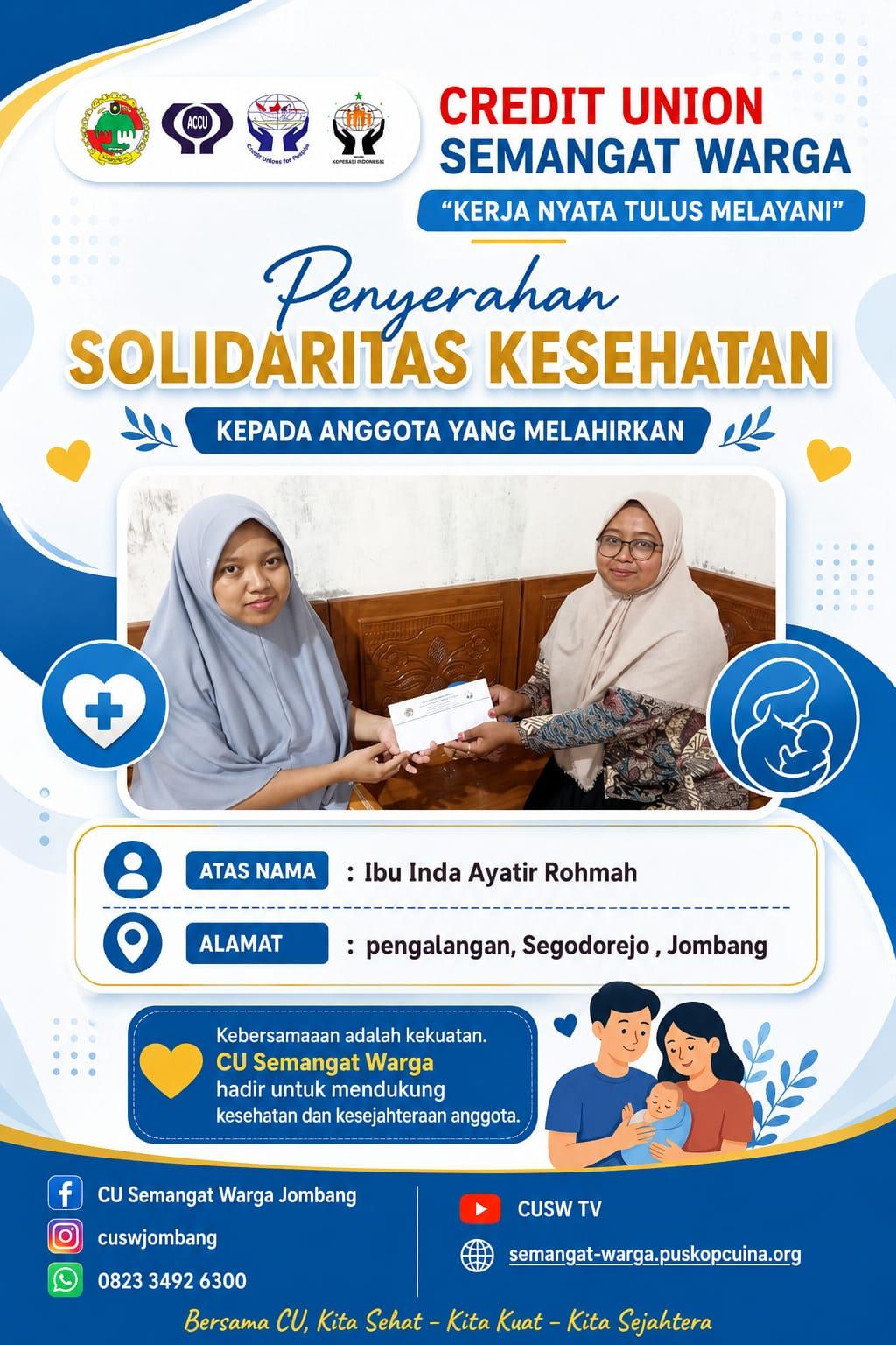 Penyerahan Solidaritas Kesehatan Melahirkan kepada Anggota CU Semangat Warga