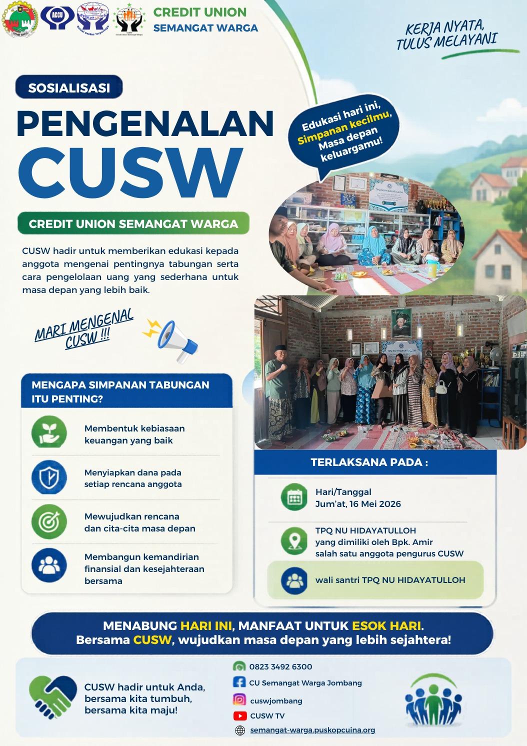 SOSIALISASI PENGENALAN CUSW di TPQ NU Hidayatulloh Pelabuhan Plandaan