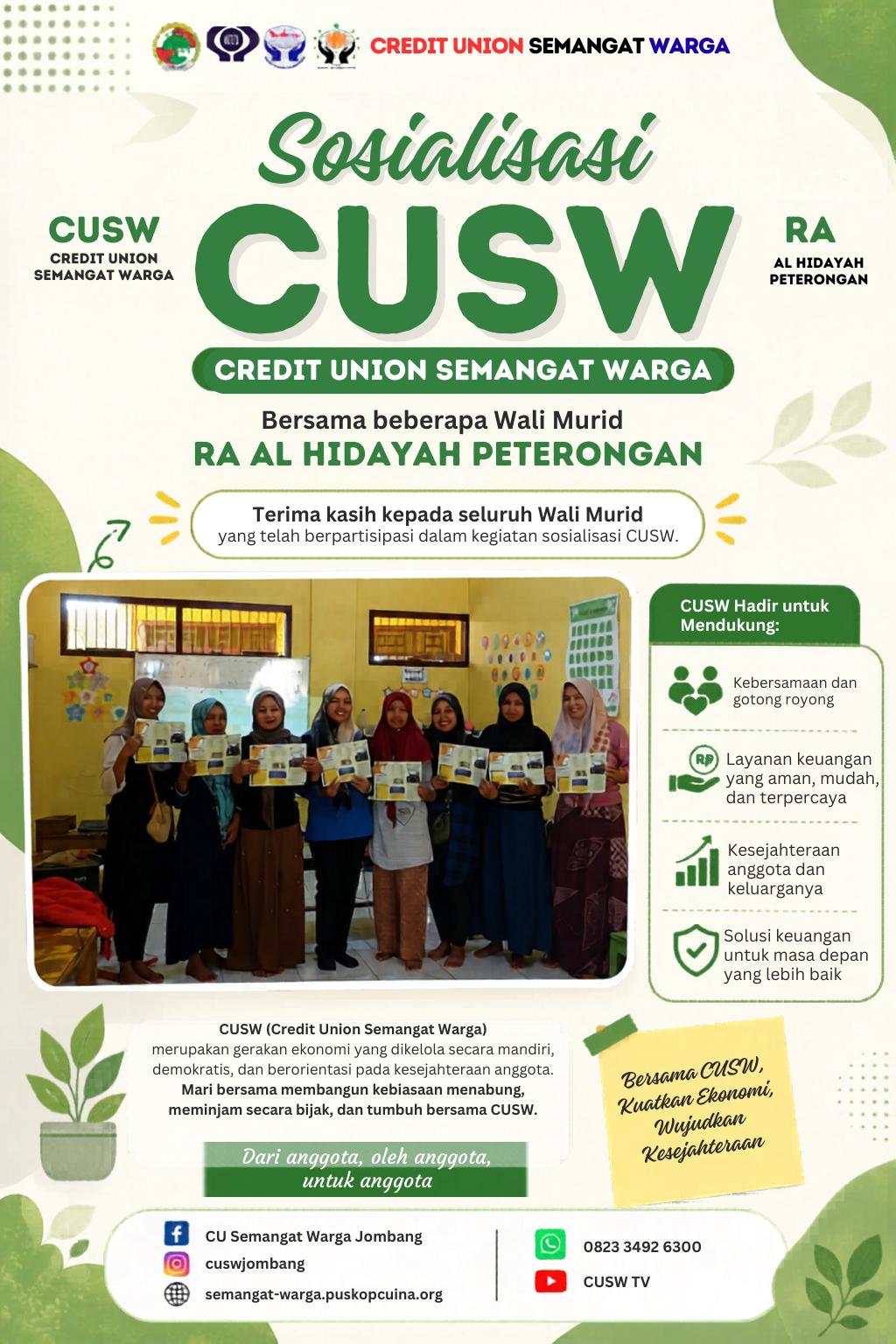 Sosialisasi Credit Union Semangat Warga (CUSW) Bersama Wali Murid RA Al Hidayah Peterongan