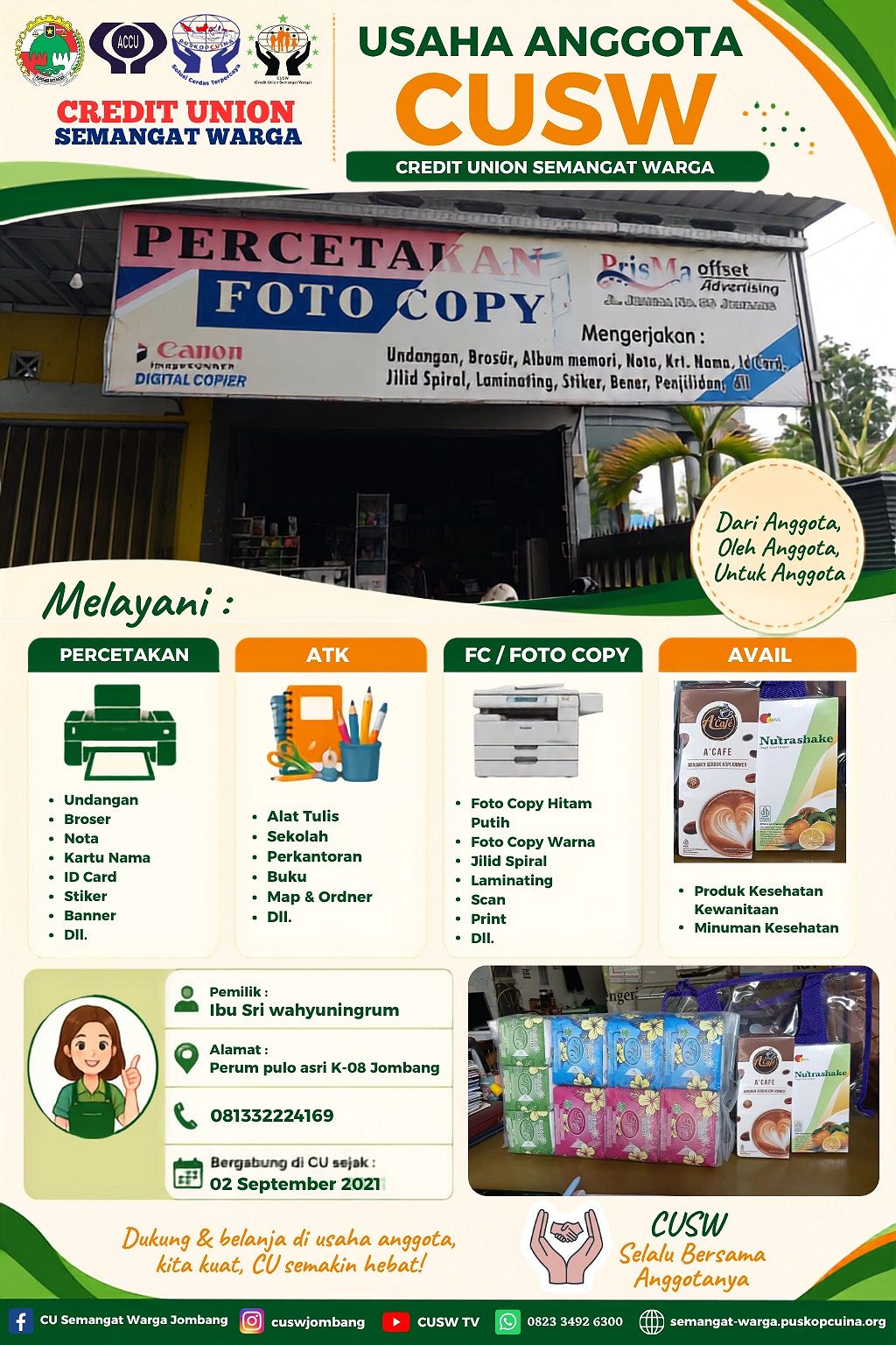 Usaha Anggota CUSW: Percetakan, ATK, Foto Copy & Avail